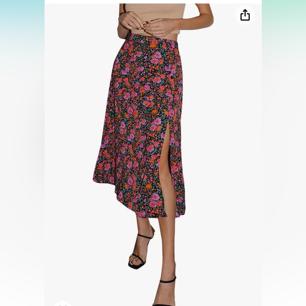 NWT Floerns Women's Boho Floral High Waist Split A Line Midi Skirt